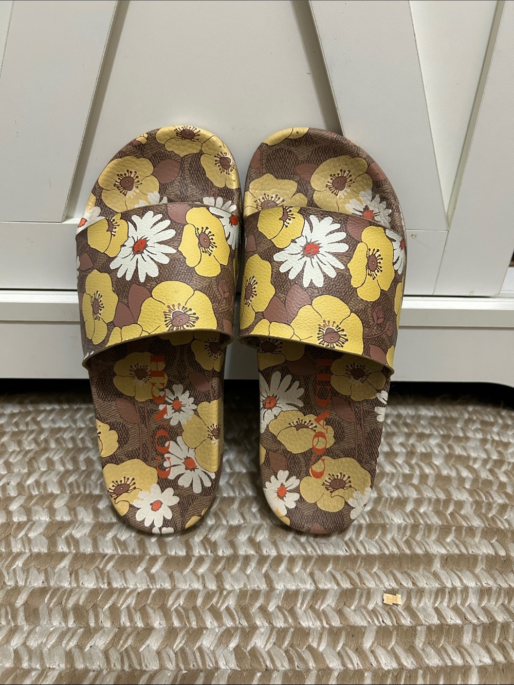 Coach Floral Slide Sandals in Yellow, White and Brown